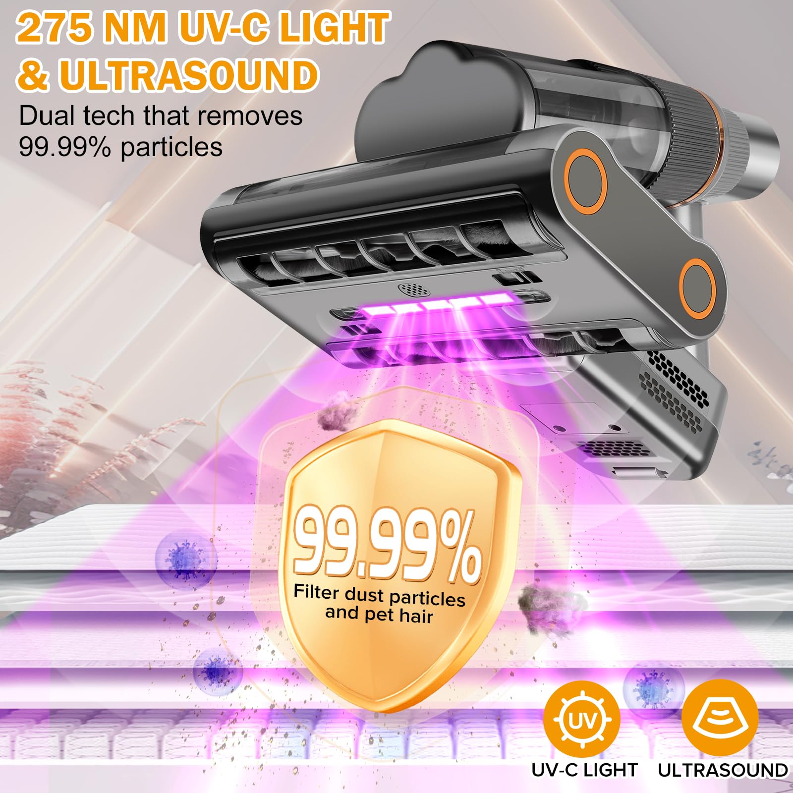 Davanpal Powerful Mattress Vacuum Cleaner,Handheld Bed Vacuum With Uv-C Light, 16Kpa Strong Suction, 30000 Rpm Dual Drum Brushes